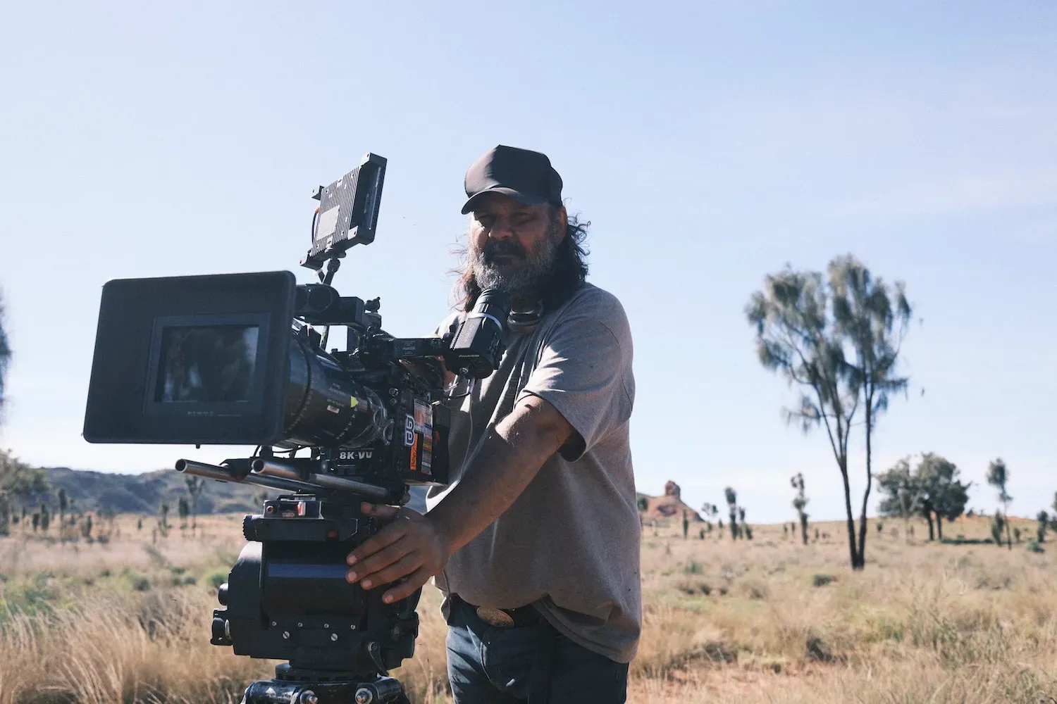 Director and cinematographer Warwick Thornton on location in Central Australia filming Wolfram (2026). Photo: Dylan River