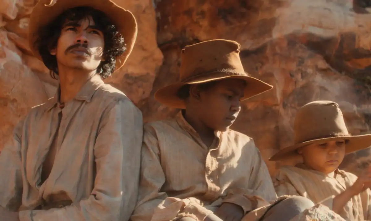 Pedrea Jackson as Philomac with Hazel May Jackson and Eli Hart in Wolfram, Warwick Thornton's 2026 Australian Western