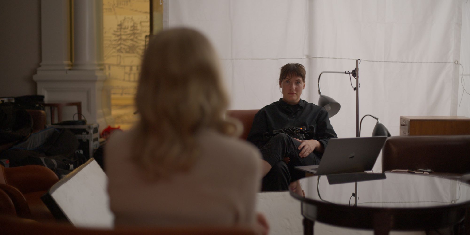 Brittany Higgins with Silenced director Selina Miles on set of Australian documentary Silenced