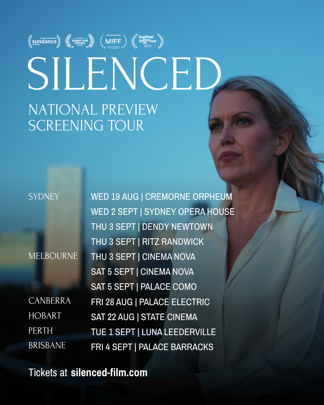 Silenced Australian National Screening Dates Poster - Sydney, Melbourne, Canberra, Hobart, Perth, Brisbane